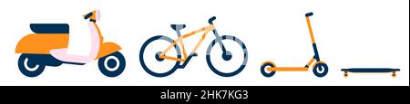 Transport pour le service de livraison de nourriture, Icon set de vélo, vélo, kick scooter, et longboard.Icônes de transport électrique pour le service de location Illustration de Vecteur