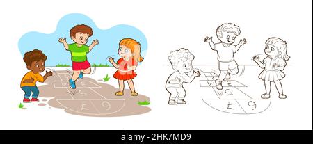 Livre de coloriage deux garçons et une fille sautent tout en jouant le hopscotch.Illustration vectorielle de style dessin animé, dessin au trait noir et blanc Illustration de Vecteur