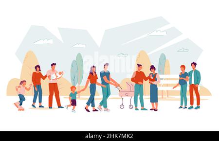 Couples en famille avec enfants marchant dans le parc de la ville ensemble, illustration vectorielle plate. Illustration de Vecteur