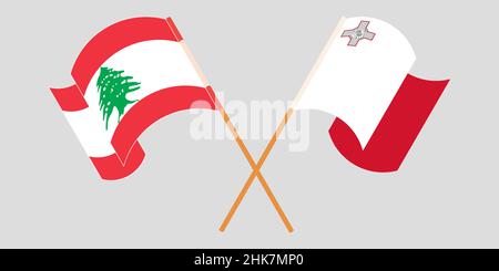 Drapeaux croisés et agités du Liban et de Malte.Illustration vectorielle Illustration de Vecteur