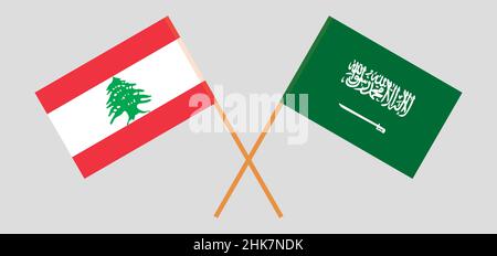 Drapeaux croisés du Liban et du Royaume d'Arabie saoudite.Couleurs officielles.Proportion correcte.Illustration vectorielle Illustration de Vecteur