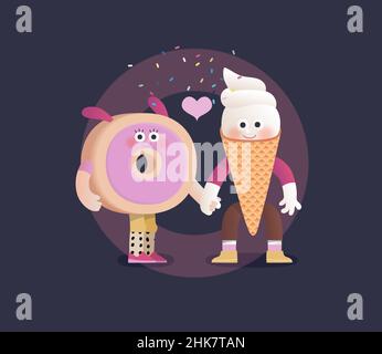 Parfait couple -motifs de la Saint-Valentin.Illustration moderne de concept de vecteur plat - un donut et une glace gaufrée dans l'amour, tenant leurs mains.Personnages adorables en amour, concept parfait assorti Illustration de Vecteur