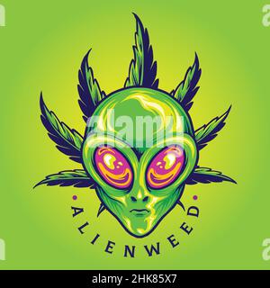 Alien Weed Cannabis feuille Cartoon illustrations vectorielles pour votre travail logo, t-shirt de marchandise de mascotte, autocollants et dessins d'étiquettes, affiche Illustration de Vecteur