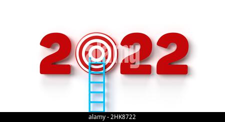 2022 échelle sur le concept cible: Les nombres rouges du calendrier nouvelle année en 3D rendu sur fond blanc.La lettre zéro est un tableau de fléchettes rond Banque D'Images