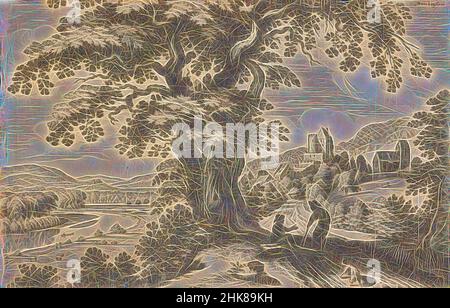 Inspiré par les paysages avec des scènes de chasse, dont certaines avec une désignation topographique. Tôle 3. Münchenstein., Mattäus Merian The Elder, artiste, 1624, Suisse, gravure, Mattäus Merian der ältere (ou Matthew, l'ancien, ou Sr., 1593–1650) est un graveur d'origine suisse qui a travaillé à Francfort pour, réimaginé par Artotop. L'art classique réinventé avec une touche moderne. Conception de lumière chaleureuse et gaie, de luminosité et de rayonnement de lumière. La photographie s'inspire du surréalisme et du futurisme, embrassant l'énergie dynamique de la technologie moderne, du mouvement, de la vitesse et révolutionne la culture Banque D'Images