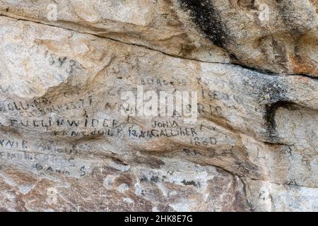 Signatures d'émigrant le long de l'historique California Trail à la réserve nationale de City of Rocks, Idaho Banque D'Images