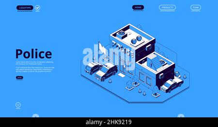 Page d'atterrissage isométrique du poste de police avec façade du bâtiment du bureau du service de police, voitures de patrouille et drapeau de la porte.Maison de quartier architecture de ville, 3D Vector line art illustration, bannière web Illustration de Vecteur