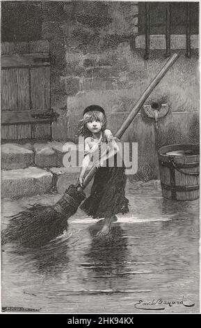 Gravure de ' Young Cosette Sweeping ' 1862 dessin pour les Miserables de Victor Hugo.L'illustrateur français Émile Bayard [Emile-Antoine Bayard (1837-1891)], dessine ce croquis de Cosette pour la première édition.Il est devenu emblématique de toute l'histoire, utilisé dans l'art promotionnel pour diverses versions de la comédie musicale. Banque D'Images