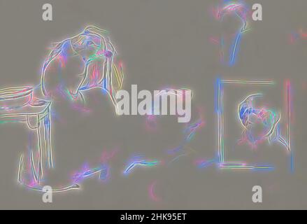 Inspiré par la femme est assis sur une chaise à une table. Elle a un mouchoir dans sa main et penche sa tête sur son bras. Aussi des études de la tête des femmes (une dans un cadre), et d'un homme ou d'un garçon pointant avec un chapeau. Feuille d'étude avec une femme assise à une table et à la tête. Anonyme, réimaginé par Artotop. L'art classique réinventé avec une touche moderne. Conception de lumière chaleureuse et gaie, de luminosité et de rayonnement de lumière. La photographie s'inspire du surréalisme et du futurisme, embrassant l'énergie dynamique de la technologie moderne, du mouvement, de la vitesse et révolutionne la culture Banque D'Images