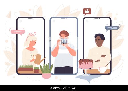 Profession créative et passe-temps sur les écrans de téléphones mobiles illustration vectorielle.Photographe de dessin animé tenant l'appareil photo et le tournage, arrosoir jardinier, chef pâtissier avec gâteau.Concept de créativité Illustration de Vecteur