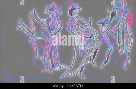 Inspiré par l'une des femmes a mis une jambe dans l'air. Un autre lève également sa jupe. On peut supposer qu'ils dansent le cancan. Danseurs au Moulin Rouge, réimaginé par Artotop. L'art classique réinventé avec une touche moderne. Conception de lumière chaleureuse et gaie, de luminosité et de rayonnement de lumière. La photographie s'inspire du surréalisme et du futurisme, embrassant l'énergie dynamique de la technologie moderne, du mouvement, de la vitesse et révolutionne la culture Banque D'Images