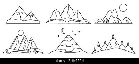 Ensemble de contour linéaire silhouette noire de montagne.Désert, colline enneigée, volcan.Conception pour l'en-tête de site Web, la bannière, les bouteilles d'eau et les produits.Icônes et objets de logo pour les entreprises.Illustration vectorielle Illustration de Vecteur