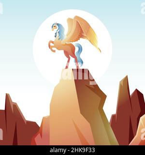 Magnifique cheval à ailes de Prancement Pegasus dans l'illustration Cliff Epic Illustration de Vecteur