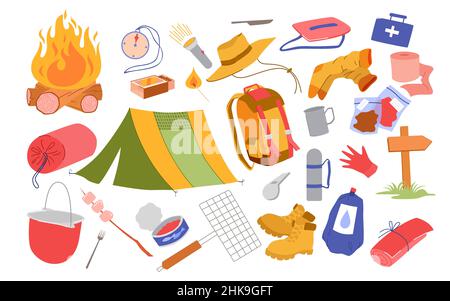 Ensemble d'équipement et d'outils de camping pour les activités récréatives en plein air Illustration de Vecteur