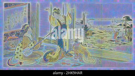 Inspiré par la courtesane dansante, la courtesane dansante à la musique d'un shamisen (instrument à cordes japonaises) joué par une femme assise. À droite, un jeune homme. Par la fenêtre ouverte une vue sur le jardin. Avec un poème., imprimeur: Ryûryûkyo Shinsai, Zôhonrô Nomiyoshi, Japon, 1807, papier japonais, Repensé par Artotop. L'art classique réinventé avec une touche moderne. Conception de lumière chaleureuse et gaie, de luminosité et de rayonnement de lumière. La photographie s'inspire du surréalisme et du futurisme, embrassant l'énergie dynamique de la technologie moderne, du mouvement, de la vitesse et révolutionne la culture Banque D'Images