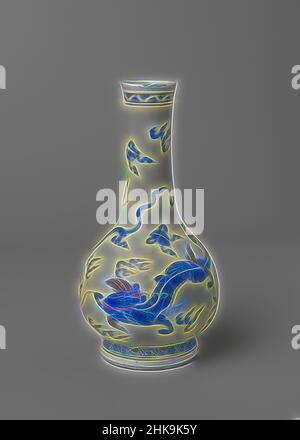 Inspiré par un vase en forme de poire avec des dragons, des objets précieux et des symboles de bonne couture, vase en porcelaine en forme de bouteille avec un ventre en forme de poire sur le pied de propagation, peint en bleu et rouge sous-brillant. Sur le mur deux fois un dragon entouré d'objets précieux et de symboles de bon augure; autour du pied, réimaginé par Artotop. L'art classique réinventé avec une touche moderne. Conception de lumière chaleureuse et gaie, de luminosité et de rayonnement de lumière. La photographie s'inspire du surréalisme et du futurisme, embrassant l'énergie dynamique de la technologie moderne, du mouvement, de la vitesse et révolutionne la culture Banque D'Images