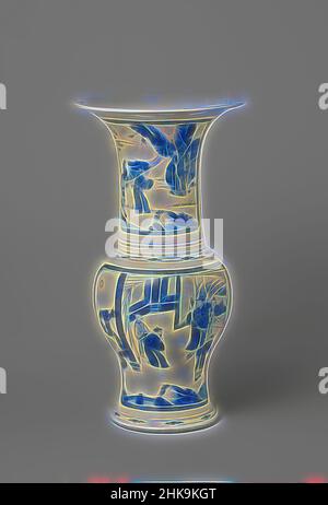 Inspiré par le vase bécher Baluster avec quatre scènes narratives en panneaux, vase bécher en forme de Baluster en porcelaine avec une bouche en trompette, peint en bleu sous-brillant. Sur le ventre deux grandes cartounins avec des coins pincés avec des représentations narratives: Une rencontre entre un érudit et un dignitaire dans un, réimaginé par Artotop. L'art classique réinventé avec une touche moderne. Conception de lumière chaleureuse et gaie, de luminosité et de rayonnement de lumière. La photographie s'inspire du surréalisme et du futurisme, embrassant l'énergie dynamique de la technologie moderne, du mouvement, de la vitesse et révolutionne la culture Banque D'Images