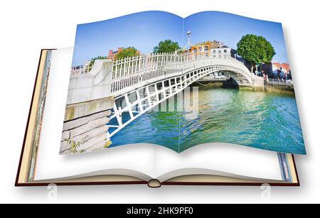 Le plus célèbre pont de Dublin appelé "demi-penny Bridge" à cause de la ligne sans frais facturés pour le rendu 3D - passage ouvert photo book isolated on white ba Banque D'Images