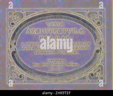 Inspiré par Cartouche avec cadre de scrollwork et le texte: Varia Architecturae Formae, Variae Architecturae Formae (...), Perspectives architecturales en cadres ovales pour intarsia, titre imprimé pour une série de vues architecturales perspectivales ovales pour intarsia. L'imprimé fait partie d'un album., imprimé, réimaginé par Artotop. L'art classique réinventé avec une touche moderne. Conception de lumière chaleureuse et gaie, de luminosité et de rayonnement de lumière. La photographie s'inspire du surréalisme et du futurisme, embrassant l'énergie dynamique de la technologie moderne, du mouvement, de la vitesse et révolutionne la culture Banque D'Images