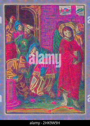 Inspiré par les Juifs menacent de pierre Christ, imbécile passion, Christ quitte le temple. Ses disciples se tiennent derrière lui. Les Juifs ramassent des pierres pour pierre Christ pour blasphème. L'imprimé fait partie d'un livre., imprimeur: Lucas van Leyden (atelier de), éditeur: Doen Pietersz., Amsterdam, c. 1530, papier, réimaginé par Artotop. L'art classique réinventé avec une touche moderne. Conception de lumière chaleureuse et gaie, de luminosité et de rayonnement de lumière. La photographie s'inspire du surréalisme et du futurisme, embrassant l'énergie dynamique de la technologie moderne, du mouvement, de la vitesse et révolutionne la culture Banque D'Images