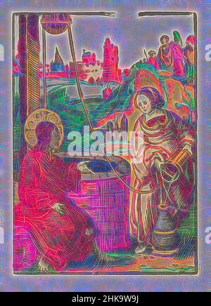 Inspiré par le Christ et la femme samaritaine, la petite passion, la passion stupide, le Christ repose sur le puits de Jacob, ayant envoyé ses disciples à la ville. À droite, ils partent en direction de la ville. Une femme samaritaine vient pour attirer l'eau et parle au Christ. L'impression fait partie d'un livre., imprimeur, réimaginé par Artotop. L'art classique réinventé avec une touche moderne. Conception de lumière chaleureuse et gaie, de luminosité et de rayonnement de lumière. La photographie s'inspire du surréalisme et du futurisme, embrassant l'énergie dynamique de la technologie moderne, du mouvement, de la vitesse et révolutionne la culture Banque D'Images