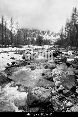 Vallée d'Aktru dans les montagnes de l'Altaï.Rivière de montagne parmi les rochers sur le fond des montagnes, noyant dans les nuages.Nature pure de la Sibérie Banque D'Images