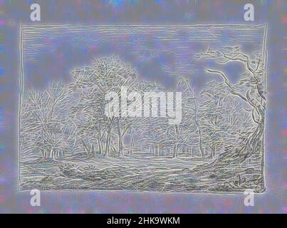 Inspiré par l'espace ouvert dans un paysage avec des arbres, en arrière-plan deux figures. Feuille 25 recto à partir d'un carnet de croquis avec 75 feuilles, réimaginé par Artotop. L'art classique réinventé avec une touche moderne. Conception de lumière chaleureuse et gaie, de luminosité et de rayonnement de lumière. La photographie s'inspire du surréalisme et du futurisme, embrassant l'énergie dynamique de la technologie moderne, du mouvement, de la vitesse et révolutionne la culture Banque D'Images