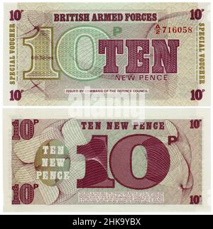 Monnaie exotique - dix nouvelles pence de la force armée britannique isolé macro Banque D'Images
