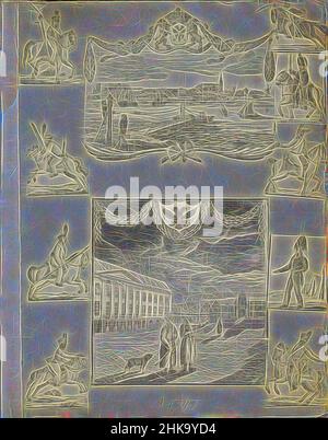 Inspiré par la feuille d'album avec diverses représentations, la feuille d'album avec 11 représentations découpées de tirages principalement folkloriques, y compris de soldats à cheval, une vue sur la ville et une vue sur une place., imprimeur: Alexander Cranendoncq, Nijmegen, 1814 - 1869, papier, en-tête, Hauteur 400 mm × largeur 332 mm, repensé par Artotop. L'art classique réinventé avec une touche moderne. Conception de lumière chaleureuse et gaie, de luminosité et de rayonnement de lumière. La photographie s'inspire du surréalisme et du futurisme, embrassant l'énergie dynamique de la technologie moderne, du mouvement, de la vitesse et révolutionne la culture Banque D'Images