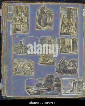 Inspiré par la feuille d'album avec diverses représentations, la feuille d'album avec 10 représentations découpées de tirages principalement folkloriques, de peuples étrangers, un garçon qui a coulé à travers la glace et une barge de chemin de fer, entre autres., imprimeur: Alexander Cranendoncq, Nijmegen, 1814 - 1869, papier, à couper, Hauteur 395, repensée par Artotop. L'art classique réinventé avec une touche moderne. Conception de lumière chaleureuse et gaie, de luminosité et de rayonnement de lumière. La photographie s'inspire du surréalisme et du futurisme, embrassant l'énergie dynamique de la technologie moderne, du mouvement, de la vitesse et révolutionne la culture Banque D'Images