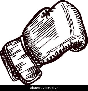 Gants de boxe heurtant le croquis isolé.Équipement de sport pour la boxe dans un style dessiné à la main.Motif gravé pour affiche, impression, illustration de livre, logo, Illustration de Vecteur