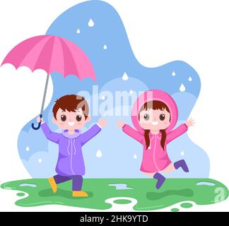 Mignon enfant portant un imperméable, des bottes en caoutchouc et un parapluie de transport au milieu des averses de pluie.Illustration vectorielle de dessin animé à fond plat pour bannière ou Illustration de Vecteur