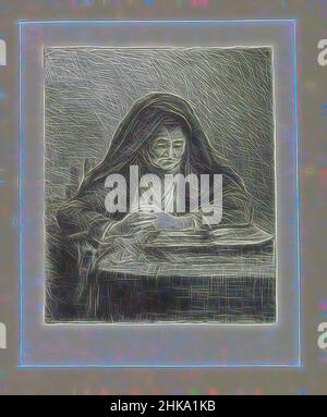 Inspirée par Reading Woman, la Compléte des gravures de John Chalon, oeuvre Compléte des eaux fortes par Jean Chalon, une vieille femme à voile noir. Elle est assise sur une chaise à une table et lit à partir d'un livre. Ses mains sont pliées. L'imprimé fait partie d'un album., imprimeur: Jan Chalon, Jan Chalon, repensé par Artotop. L'art classique réinventé avec une touche moderne. Conception de lumière chaleureuse et gaie, de luminosité et de rayonnement de lumière. La photographie s'inspire du surréalisme et du futurisme, embrassant l'énergie dynamique de la technologie moderne, du mouvement, de la vitesse et révolutionne la culture Banque D'Images