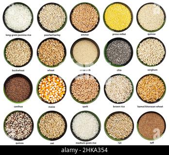 ensemble de différents grains dans des bols avec des noms isolés sur fond blanc Banque D'Images