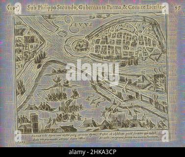 Inspiré par le siège de Sluis par Parme, 1587, siège et prise de Sluis par l'armée de Parme, 5 août 1587. Vue sur la ville avec les positions de l'armée espagnole. Sur la gauche, l'entrée en face de l'eau ferme par les navires de Parme. Avec légende de 4 lignes en latin. Numéro 193. Imprimé, repensé par Artotop. L'art classique réinventé avec une touche moderne. Conception de lumière chaleureuse et gaie, de luminosité et de rayonnement de lumière. La photographie s'inspire du surréalisme et du futurisme, embrassant l'énergie dynamique de la technologie moderne, du mouvement, de la vitesse et révolutionne la culture Banque D'Images