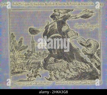 Inspiré par les Espagnols défaits par l'armée d'Etat sous Marquette à Mülheim, 1608, les Espagnols défaits par l'armée d'Etat sous Marquette à Mülheim, 1608. Au premier plan un cavalier tirant son musket. Avec légende de 4 lignes en latin. Numéroté : 280. Imprimé au verso avec texte en latin., imprimé, réimaginé par Artotop. L'art classique réinventé avec une touche moderne. Conception de lumière chaleureuse et gaie, de luminosité et de rayonnement de lumière. La photographie s'inspire du surréalisme et du futurisme, embrassant l'énergie dynamique de la technologie moderne, du mouvement, de la vitesse et révolutionne la culture Banque D'Images