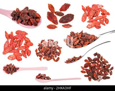ensemble de baies de goji séchées isolées sur fond blanc Banque D'Images