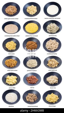 ensemble de différents gruaux bouillis avec des noms dans des bols gris isolés sur fond blanc Banque D'Images
