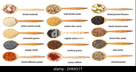 ensemble de vue de dessus de la cuillère en bois avec différentes graines avec des noms isolés sur fond blanc Banque D'Images