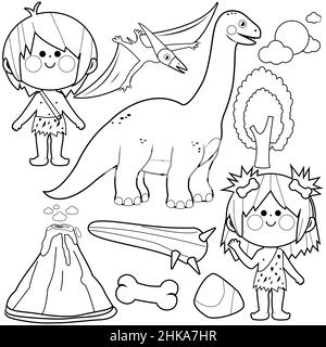 Ensemble de caveliers et dinosaures préhistoriques pour enfants.Page de couleur noir et blanc Banque D'Images