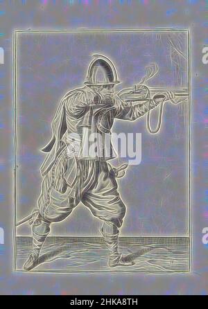 Inspiré par Soldier vise et tire la barre (No 11), c. 1600, Un soldat, de pleine longueur, à droite, tenant une barre (un type particulier d'arme à feu) horizontalement avec les deux mains, les buts et les feux (No 11), c. 1600. Plaque 11 dans les instructions pour la manipulation de la barre: Corte onderwysinghe op de figuerliicke, repensé par Artotop. L'art classique réinventé avec une touche moderne. Conception de lumière chaleureuse et gaie, de luminosité et de rayonnement de lumière. La photographie s'inspire du surréalisme et du futurisme, embrassant l'énergie dynamique de la technologie moderne, du mouvement, de la vitesse et révolutionne la culture Banque D'Images