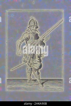 Inspiré par Soldier tenant sa barre avec sa main gauche inclinée vers le haut (no 12), c. 1600, Un soldat, de pleine longueur, à droite, tenant une barre (un type particulier d'arme à feu) avec sa main gauche, après avoir tiré, le canon s'est incliné vers le haut pour l'empêcher de blesser par inadvertance un compagnon (non 12, repensé par Artotop. L'art classique réinventé avec une touche moderne. Conception de lumière chaleureuse et gaie, de luminosité et de rayonnement de lumière. La photographie s'inspire du surréalisme et du futurisme, embrassant l'énergie dynamique de la technologie moderne, du mouvement, de la vitesse et révolutionne la culture Banque D'Images