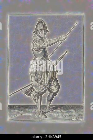 Inspiré par Soldier tenant un gouvernail glissant sa main droite jusqu'à l'extrémité de son ramrod (no 28), c. 1600, Un soldat, de pleine longueur, à droite, tenant un gouvernail (un type particulier d'arme à feu) avec sa main gauche près de sa cuisse gauche et amenant sa main droite à l'extrémité de son ramrod, qu'il repose, réimaginé par Artotop. L'art classique réinventé avec une touche moderne. Conception de lumière chaleureuse et gaie, de luminosité et de rayonnement de lumière. La photographie s'inspire du surréalisme et du futurisme, embrassant l'énergie dynamique de la technologie moderne, du mouvement, de la vitesse et révolutionne la culture Banque D'Images