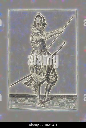 Inspiré par Soldier tenant un gouvernail glissant sa main droite jusqu'à l'extrémité de son ramrod (no 25), c. 1600, Un soldat, de pleine longueur, à droite, tenant un gouvernail (un certain type d'arme à feu) avec sa main gauche près de sa cuisse gauche et amenant sa main droite à l'extrémité de son ramrod, qu'il repose, réimaginé par Artotop. L'art classique réinventé avec une touche moderne. Conception de lumière chaleureuse et gaie, de luminosité et de rayonnement de lumière. La photographie s'inspire du surréalisme et du futurisme, embrassant l'énergie dynamique de la technologie moderne, du mouvement, de la vitesse et révolutionne la culture Banque D'Images