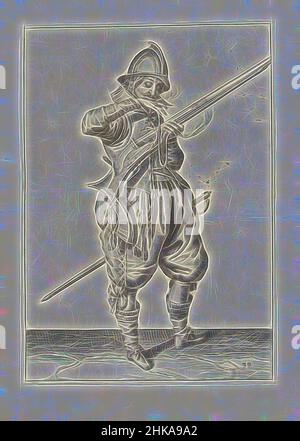 Inspiré par Soldier sur la garde avec un gouvernail apportant son fusible à sa bouche pour le souffler propre (non 39), c. 1600, Un soldat sur la garde, pleine longueur, à droite, tenant une barre (un type particulier d'arme à feu) avec sa main gauche (non 39), c. 1600. Avec sa main droite, il porte une mèche brûlante à sa bouche, réimaginée par Artotop. L'art classique réinventé avec une touche moderne. Conception de lumière chaleureuse et gaie, de luminosité et de rayonnement de lumière. La photographie s'inspire du surréalisme et du futurisme, embrassant l'énergie dynamique de la technologie moderne, du mouvement, de la vitesse et révolutionne la culture Banque D'Images