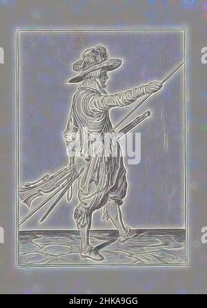 Inspiré par Soldier avec un mousquet glissant sa main droite jusqu'à la fin de son ramrod (no 29), c. 1600, Un soldat, de pleine longueur, à droite, tenant un mousquet (un type particulier d'arme à feu) avec sa main gauche près de sa cuisse gauche et amenant sa main droite à l'extrémité de son ramrod, qu'il repose, réimaginé par Artotop. L'art classique réinventé avec une touche moderne. Conception de lumière chaleureuse et gaie, de luminosité et de rayonnement de lumière. La photographie s'inspire du surréalisme et du futurisme, embrassant l'énergie dynamique de la technologie moderne, du mouvement, de la vitesse et révolutionne la culture Banque D'Images