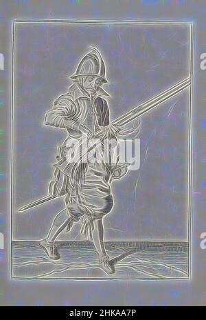 Inspiré par Soldier qui ferme le plateau de sa barre (non 17), c. 1600, Un soldat, pleine longueur, à droite, fermant la cuve (le réservoir de poudre) de sa barre (un type particulier d'arme à feu) avec sa main droite (non 17), c. 1600. Dans sa main gauche, en plus de la barre, un fusible en feu. Plaque 17 dans le, repensée par Artotop. L'art classique réinventé avec une touche moderne. Conception de lumière chaleureuse et gaie, de luminosité et de rayonnement de lumière. La photographie s'inspire du surréalisme et du futurisme, embrassant l'énergie dynamique de la technologie moderne, du mouvement, de la vitesse et révolutionne la culture Banque D'Images