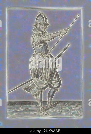 Inspiré par Soldier tenant un gouvernail, en glissant sa main droite jusqu'à l'extrémité de son ramrod (no 25), c. 1600, Un soldat, de pleine longueur, à droite, tenant un gouvernail (un certain type d'arme à feu) avec sa main gauche près de sa cuisse gauche et amenant sa main droite à l'extrémité de son ramrod, qu'il repose, réimaginé par Artotop. L'art classique réinventé avec une touche moderne. Conception de lumière chaleureuse et gaie, de luminosité et de rayonnement de lumière. La photographie s'inspire du surréalisme et du futurisme, embrassant l'énergie dynamique de la technologie moderne, du mouvement, de la vitesse et révolutionne la culture Banque D'Images