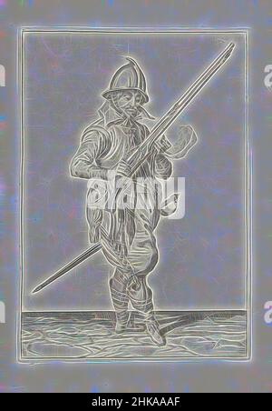 Inspiré par Soldier sur la garde tenant sa barre avec sa main droite inclinée vers le haut, en déposant le canon dans sa main gauche (non 35), c. 1600, Un soldat sur la garde, pleine longueur, à droite, tenant une barre (un type particulier d'arme à feu) avec sa main droite, le canon incliné vers le haut (non 35), c. 1600. Il, réimaginé par Artotop. L'art classique réinventé avec une touche moderne. Conception de lumière chaleureuse et gaie, de luminosité et de rayonnement de lumière. La photographie s'inspire du surréalisme et du futurisme, embrassant l'énergie dynamique de la technologie moderne, du mouvement, de la vitesse et révolutionne la culture Banque D'Images