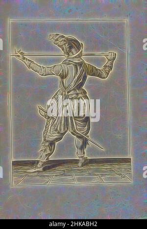 Inspiré par Soldier, vu du dos, portant sa lance avec les deux mains horizontalement à hauteur de nez, sa main droite au pied de l'arme, son visage tourné vers la droite (non 30), c. 1600, Un soldat, vu de l'arrière, portant une lance (lance) avec les deux mains horizontalement à la hauteur du nez, son, réimaginé par Artotop. L'art classique réinventé avec une touche moderne. Conception de lumière chaleureuse et gaie, de luminosité et de rayonnement de lumière. La photographie s'inspire du surréalisme et du futurisme, embrassant l'énergie dynamique de la technologie moderne, du mouvement, de la vitesse et révolutionne la culture Banque D'Images